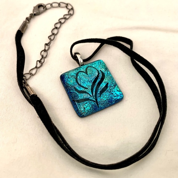 Jewelry - Sparkly Turquoise Pendant Heart Ribbon Necklace